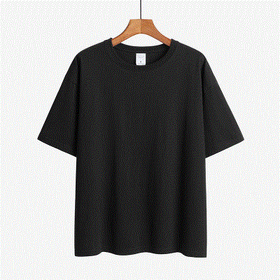 Classic Round Neck Drop Shoulder T-Shirt - Comfort meets Style! 9 Plain Black Short Sleeve T-Shirt Displayed On A Wooden Hanger.