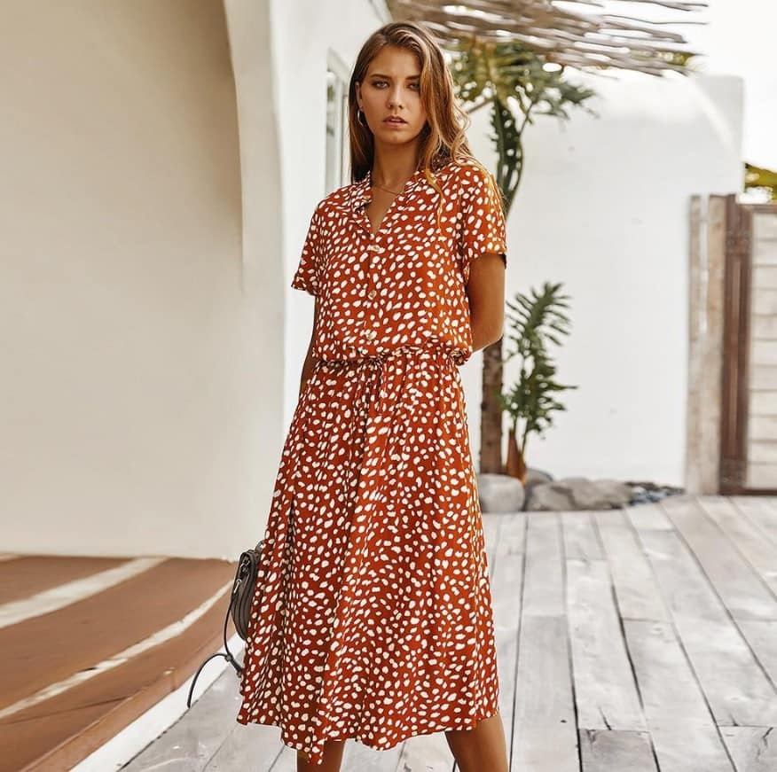 Floral Lace Elastic Waist Dress - Casual Chic Short-Sleeved Cotton Outfit 2 Rust Orange Polka Dot Summer Dress For Women, Stylish Casual Outfit, Trendy Fashion Wear, Lightweight And Comfortable, Perfect For Warm Weather And Beach Outings.