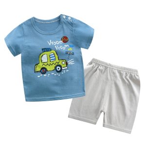 Bright Blue Children'S T-Shirt With A Car Graphic And Playful &Quot;Vroom Vroom&Quot; Text, Paired With White Shorts, Perfect For Casual Summer Wear.