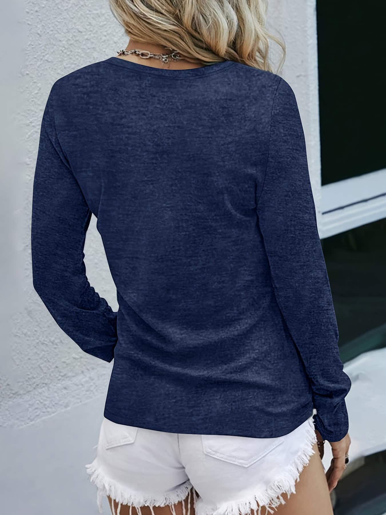 Chic Geometric Long Sleeve Tee with Ruched Bust - Stylish Crew Neck, Trendy Look 4 Soft Blue Long-Sleeve Casual Shirt For Women, Ideal For Everyday Wear, Paired With White Distressed Denim Shorts, Perfect For Seasonal Fashion Styles.