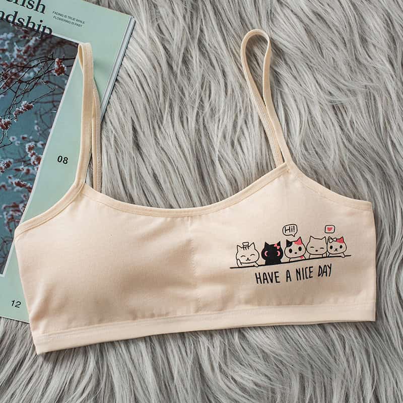 Cute Cotton Vest Bras for Girls - Comfort & Style Combined 7 Cute Beige Bra With Cartoon Cats And Motivational Message, Perfect For Comfortable Everyday Wear, Stylish And Playful Lingerie From Syndmart.