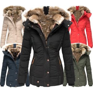 Collection of women's winter jackets in black, red, navy, khaki, and beige with fur-lined hoods.