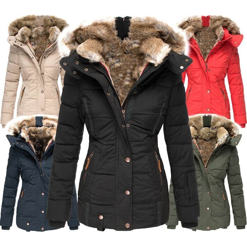 Chic Fur Collar Slim-Fit Cotton Coat - Winter Essential for Stylish Comfort 1 Collection Of Women'S Winter Jackets In Black, Red, Navy, Khaki, And Beige With Fur-Lined Hoods.