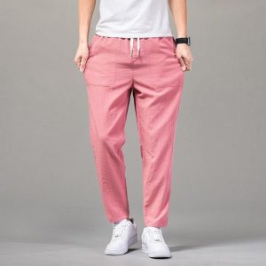 Cotton pink casual pants for women with drawstring waist and relaxed fit, perfect for comfortable everyday wear.