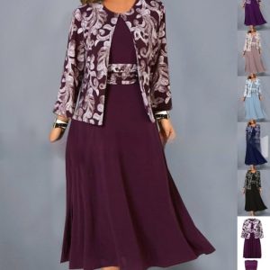 Elegant women's formal outfit with floral jacket and deep purple maxi dress, perfect for special occasions and weddings. Stylish and comfortable, available in multiple colors.