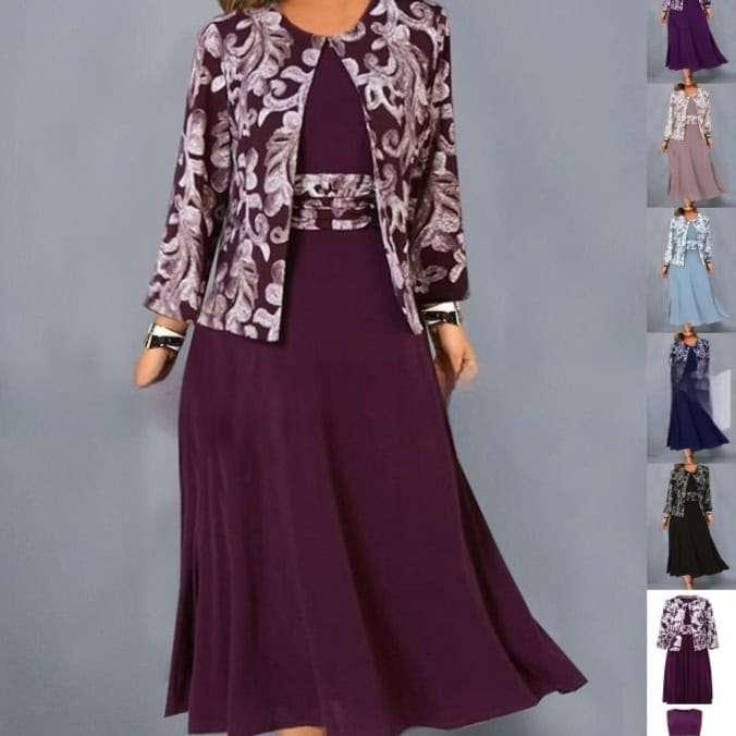 Chic Sleeveless Printed Dress with Short Coat Set - Casual Fashion Ensemble 1 Elegant Women'S Formal Outfit With Floral Jacket And Deep Purple Maxi Dress, Perfect For Special Occasions And Weddings. Stylish And Comfortable, Available In Multiple Colors.