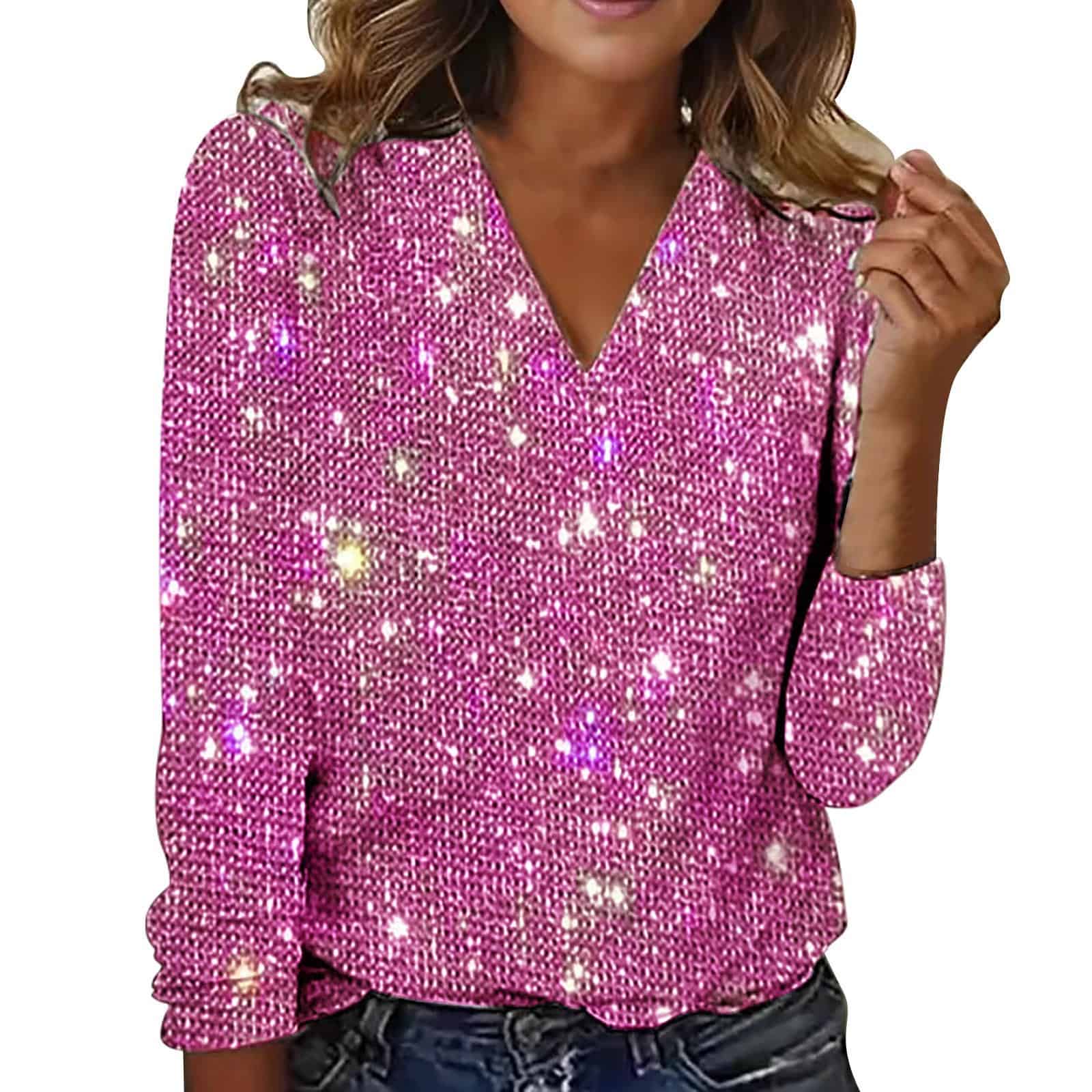 Chic Women's Digital Print Round Neck Long Sleeve Tee - Stylish Comfort, All Day 8 Pink Long Sleeve Top With A V-Neck And Sparkly Texture, Featuring A Relaxed Fit.