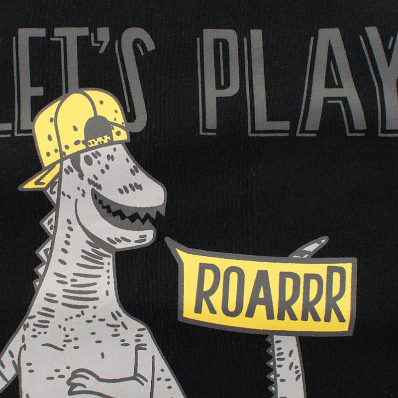 Boys Long Sleeve T-shirt: Comfortable & Stylish Essential for Kids 6 Dinosaurs Play Graphic With A T-Rex Wearing A Yellow Cap, Roaring With A Speech Bubble That Says Roarrr, On Black Background For Kids' Entertainment And Fun.