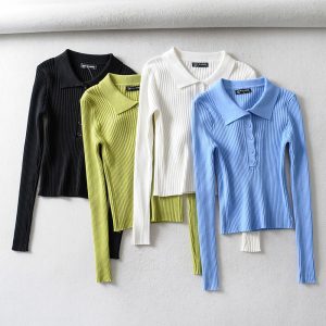 Four ribbed long sleeve polo shirts in black, green, white, and blue displayed together.