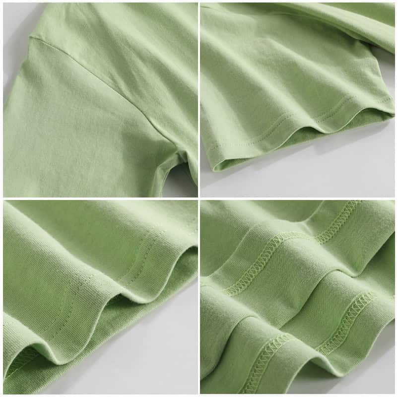 Classic Round Neck Drop Shoulder T-Shirt - Comfort meets Style! 5 Close-Up Views Of A Green Short Sleeve T-Shirt Showing Fabric Texture And Stitching Details.