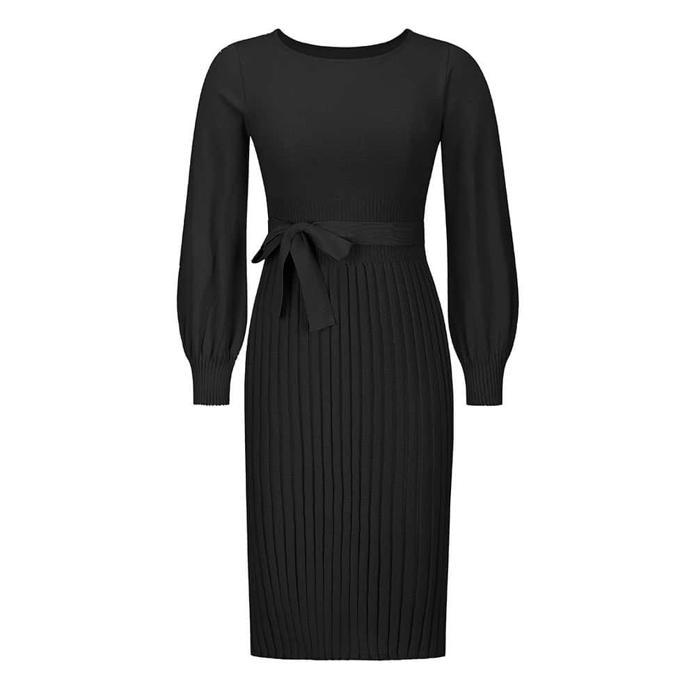 Chic Personality Bottoming Dress – Make a Stylish Statement! 6 Elegant Black Knitted Midi Dress With Long Puff Sleeves And A Waist Tie, Perfect For Stylish Women’s Fashion And Formal Occasions. Crafted For Comfort And Sophistication.