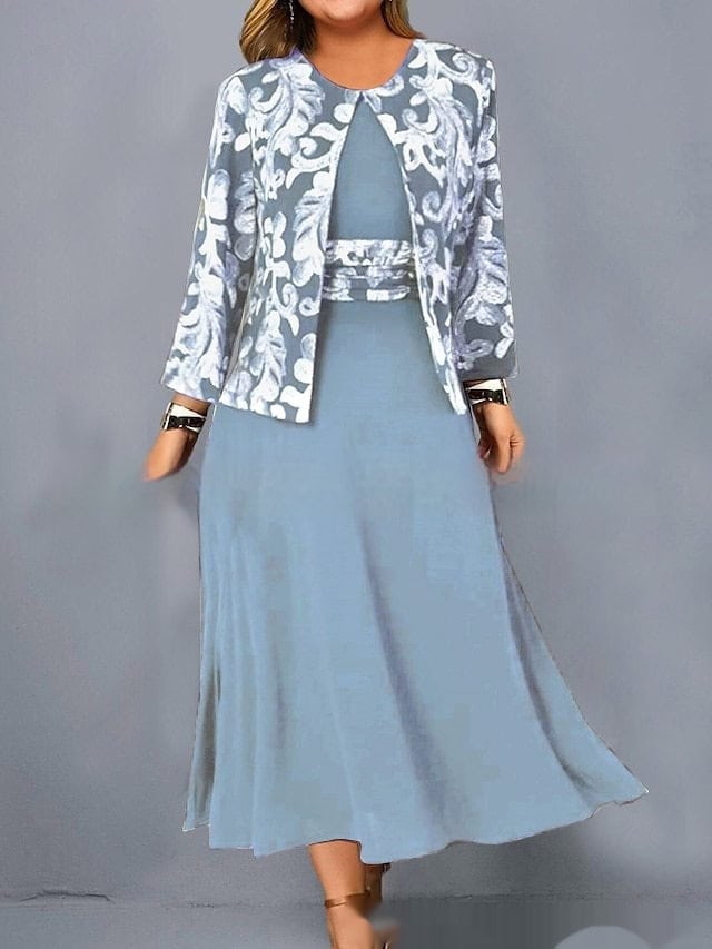 Chic Sleeveless Printed Dress with Short Coat Set - Casual Fashion Ensemble 7 Blue Floral Embroidered Jacket And Matching Long Skirt, Elegant Women'S Formalwear, Stylish Fashion Ensemble, Sophisticated Outfit For Special Occasions, Trendy Men'S Fashion Style For Women.