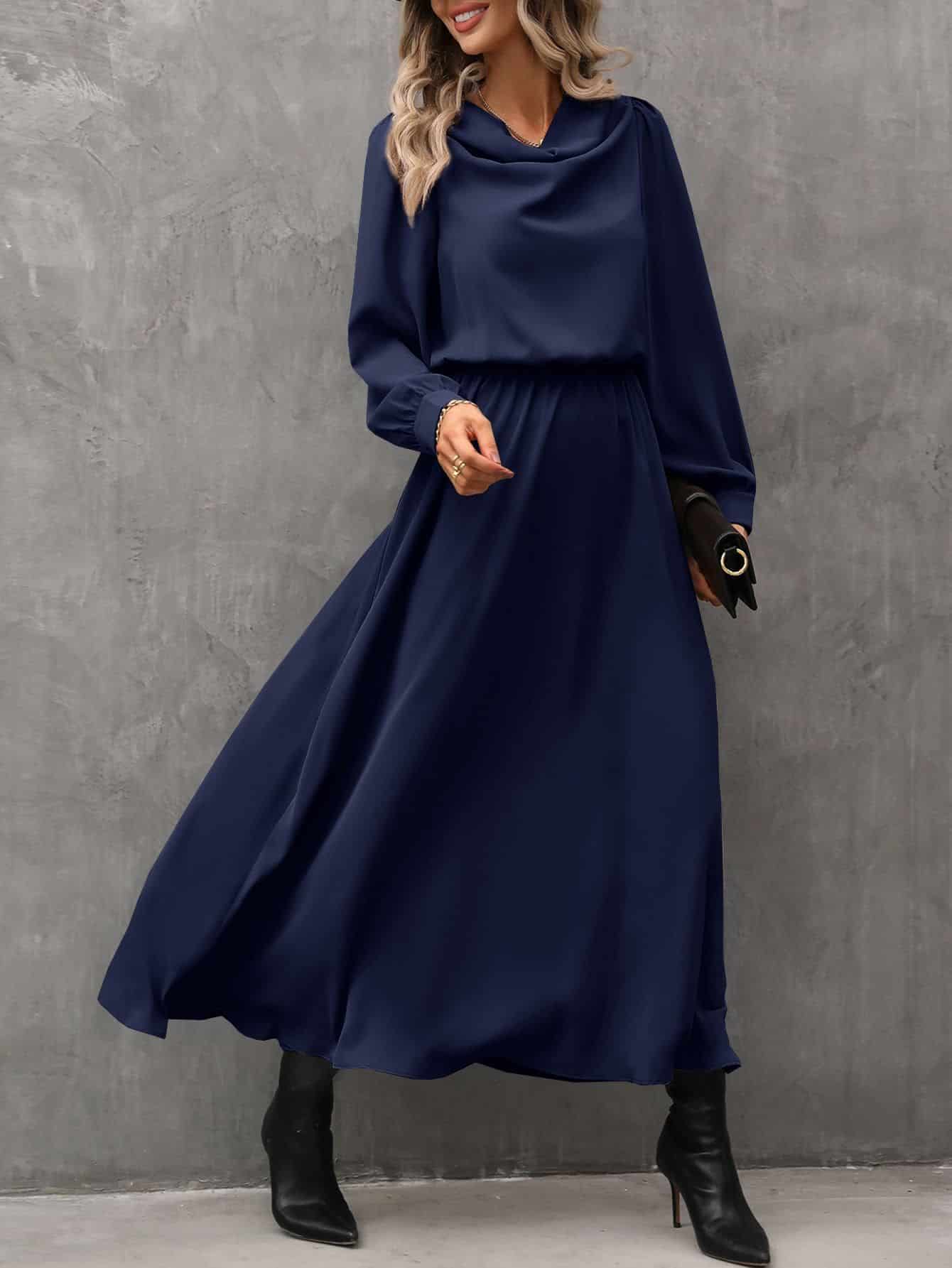 Elegant Women's Long Sleeve Drape Dress - Versatile and Flattering 2 Elegant Navy Blue Maxi Dress With Long Sleeves And A Draped Neckline, Paired With Black High-Heeled Boots For A Sophisticated Look Suitable For Formal Occasions Or Evening Events.