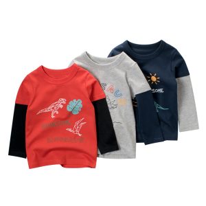 Brightly colored kids' long sleeve dinosaur-themed sweatshirt set featuring playful dinosaur illustrations and fun text for boys and girls. Perfect for casual wear and outdoor activities.