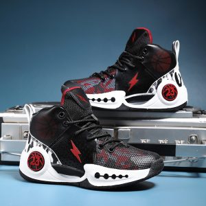 Black and red high-top basketball sneakers with lightning bolt and number 23 design, stylish athletic footwear for sports and casual wear.