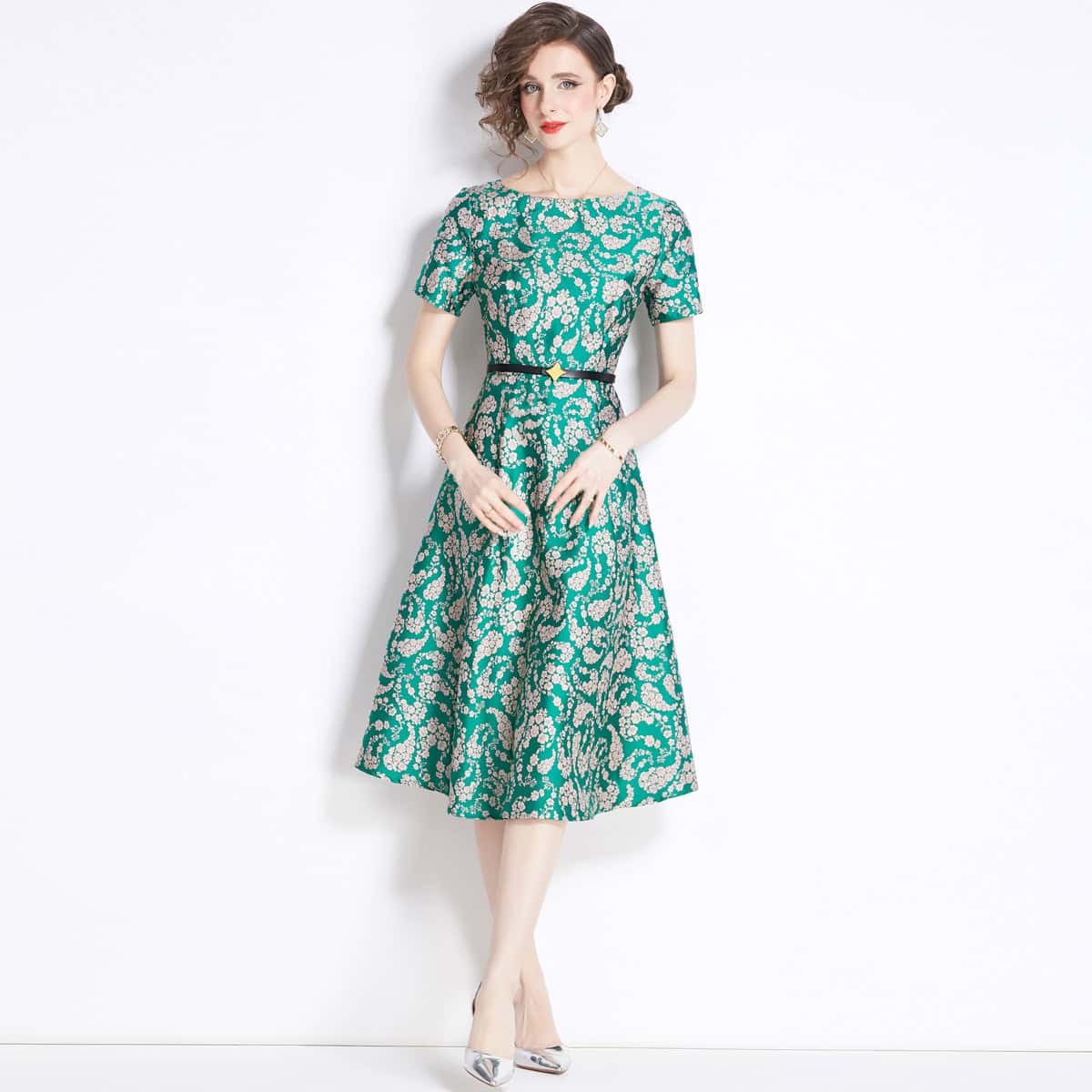 French Jacquard Dress - Timeless Elegance for Stylish Women 1 Elegant Floral Print Dress For Women, Stylish Midi-Length Outfit Perfect For Formal Occasions And Special Events, Available At Syndmart Online Fashion Store.