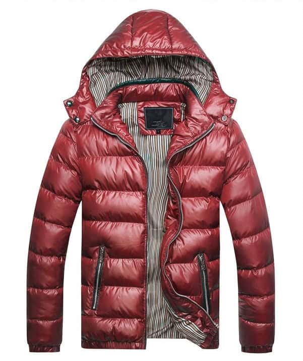 Arctic Shield Winter Puffer Jacket - Arctic-Grade Warmth & Style for Cold Days 5 Down-Filled Red Puffer Jacket With Zippered Pockets, Hood, And Striped Lining, Perfect For Cold Weather And Winter Fashion.