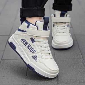 Comfortable kids sneakers with "NEW KIDS" branding, high-top design, velcro strap, and navy accents suitable for active children and casual wear.