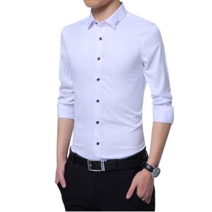 Premium white men's dress shirt with black buttons, ideal for formal workwear and business attire, featuring a tailored fit and comfortable fabric for professional settings.