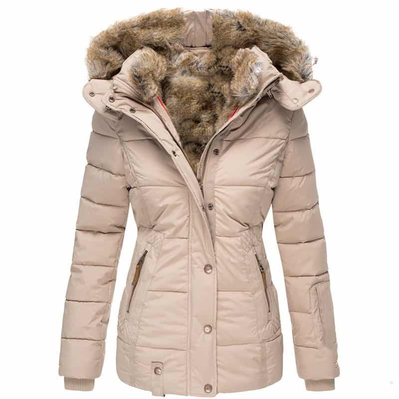 Chic Fur Collar Slim-Fit Cotton Coat - Winter Essential for Stylish Comfort 6 Beige Puffer Jacket Featuring A Fur-Lined Hood And Front Zipper With Pockets.