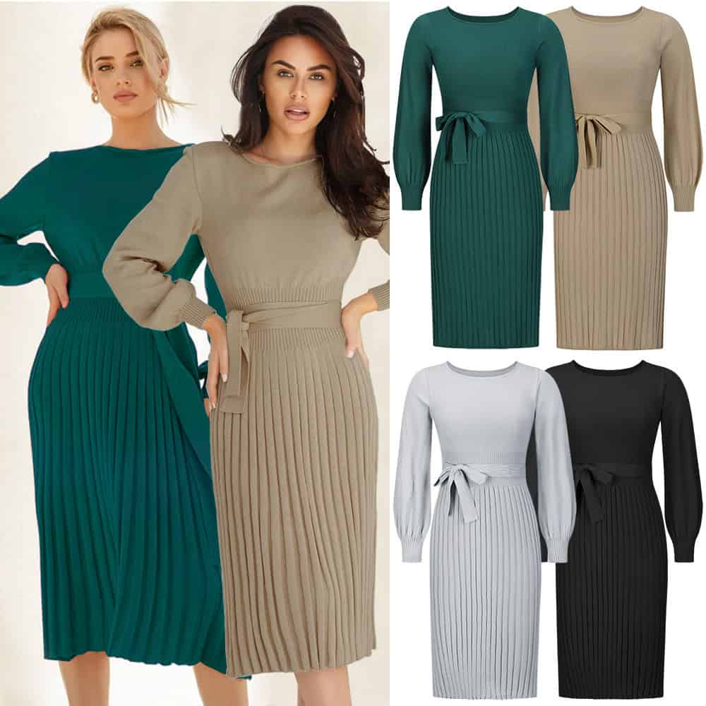 Chic Personality Bottoming Dress – Make a Stylish Statement! 3 Elegant Ribbed Midi Dresses For Women In Various Colors, Featuring Long Sleeves And Waist-Tie Design For A Stylish And Comfortable Look, Perfect For Different Occasions.