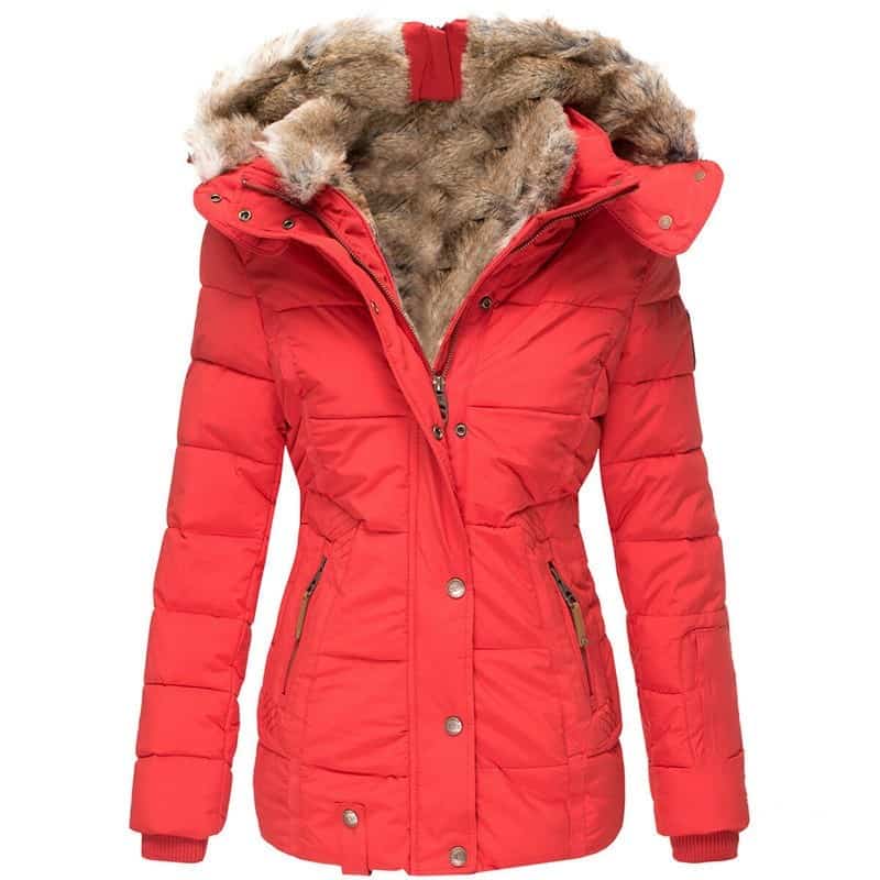 Chic Fur Collar Slim-Fit Cotton Coat - Winter Essential for Stylish Comfort 4 Red Puffer Jacket Featuring A Fur-Lined Hood And Zippered Pockets.