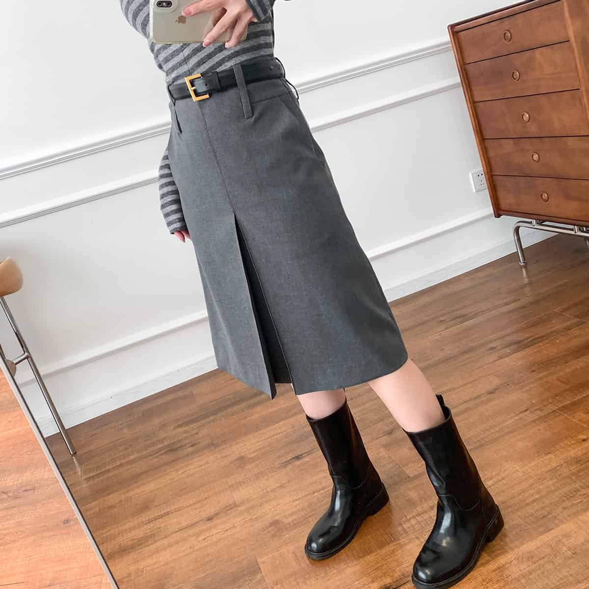 Classic Gray Worsted A-Line Skirt for Women - Perfect Business Wear 6 Elegant Gray Midi Skirt With A Front Slit, Paired With Black Leather Ankle Boots And A Striped Long-Sleeve Top, Perfect For Chic Professional Or Casual Outfits.