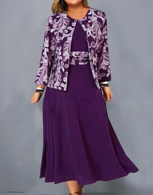 Chic Sleeveless Printed Dress with Short Coat Set - Casual Fashion Ensemble 5 Purple Floral Embroidered Jacket And Matching Long Skirt Fashion Ensemble, Perfect For Elegant Occasions And Stylish Women’s Clothing.