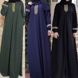Elegant Islamic modest dresses with intricate gold embroidery, available in green, blue, and black, perfect for special occasions and religious events.