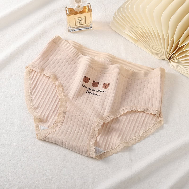 Cute Bear Student Underwear Set for Girls - Adorable Cartoon Design! 3 Cozy Beige Children'S Underwear With Cute Bear Illustrations And The Text &Quot;I Love The Sweet Bears A Little Bear,&Quot; Made From Soft, Ribbed Fabric For Comfort And Style. Ideal For Kids' Loungewear Or Casual Wear.