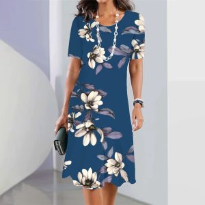 Elegant women's floral midi dress for summer, perfect for casual or formal occasions, featured on Syndmart online shopping platform.