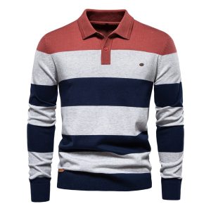 Men's long sleeve polo shirt with red, gray, and navy blue stripes.