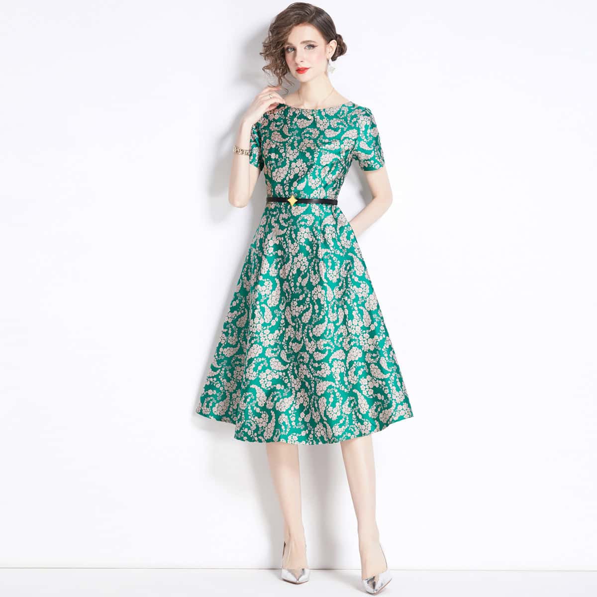 French Jacquard Dress - Timeless Elegance for Stylish Women 3 Elegant Green And Beige Floral Patterned Midi Dress With Short Sleeves, Fitted Waist With Belt, Perfect For Fashion Shopping And Stylish Events At Syndmart.