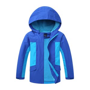 Bright blue children's waterproof jacket with a hood, perfect for outdoor activities. Features multiple pockets, zipper closure, and lightweight breathable fabric for comfort.