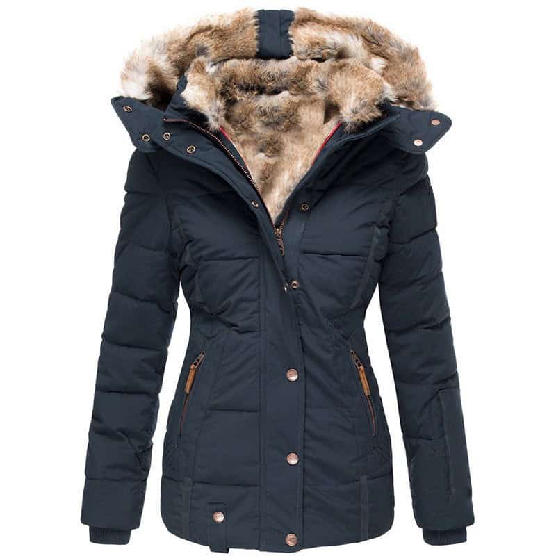Chic Fur Collar Slim-Fit Cotton Coat - Winter Essential for Stylish Comfort 7 Dark Blue Puffer Jacket Featuring A Fur-Lined Hood And Zippered Pockets.