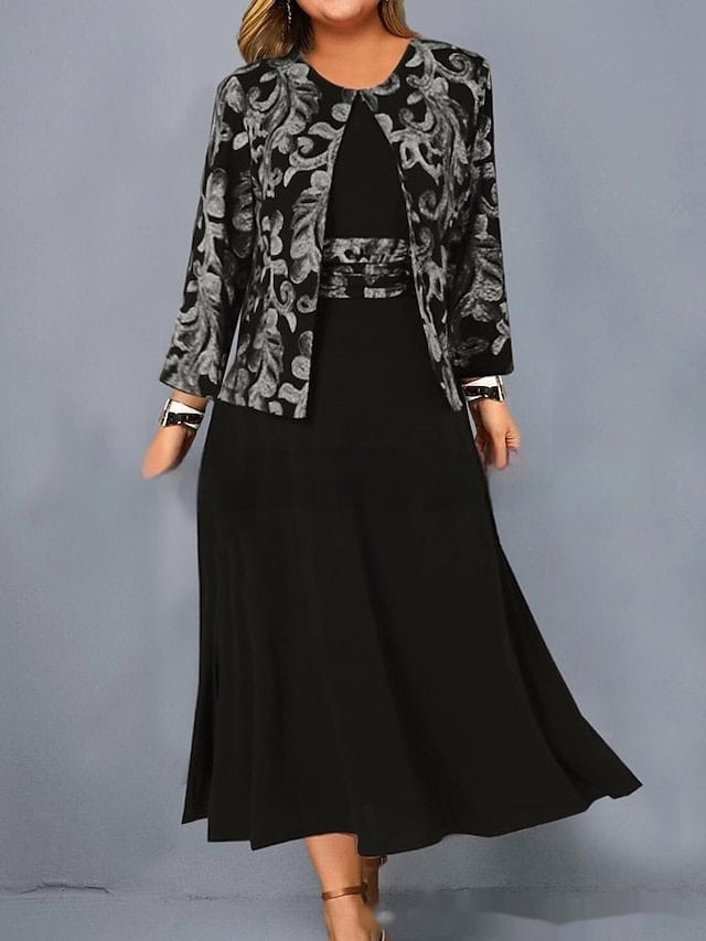Chic Sleeveless Printed Dress with Short Coat Set - Casual Fashion Ensemble 2 Elegant Black Pleated Maxi Dress With A Stylish Gray Floral Blazer, Perfect For Formal Events Or Professional Settings. Sophisticated And Versatile, Highlighting Luxury Fashion And Women'S Business Attire.