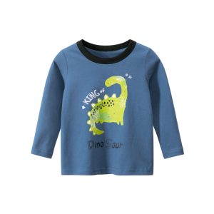 Colorful children's long-sleeve T-shirt featuring a cute dinosaur graphic with playful text, ideal for kids' casual wear, available at Syndmart.
