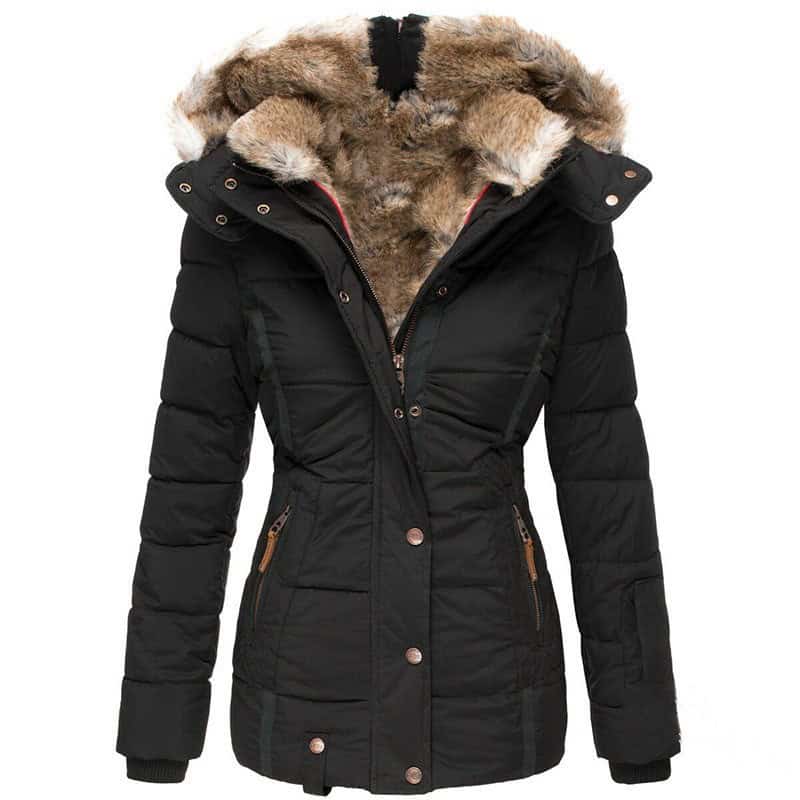 Chic Fur Collar Slim-Fit Cotton Coat - Winter Essential for Stylish Comfort 3 Black Puffer Jacket Featuring A Fur-Lined Hood And Zippered Pockets.