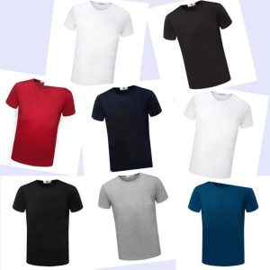 Plain colored T-shirts in white, black, red, gray, navy blue, and teal, casual unisex crew neck T-shirts for everyday wear and promotional events at Syndmart.com.