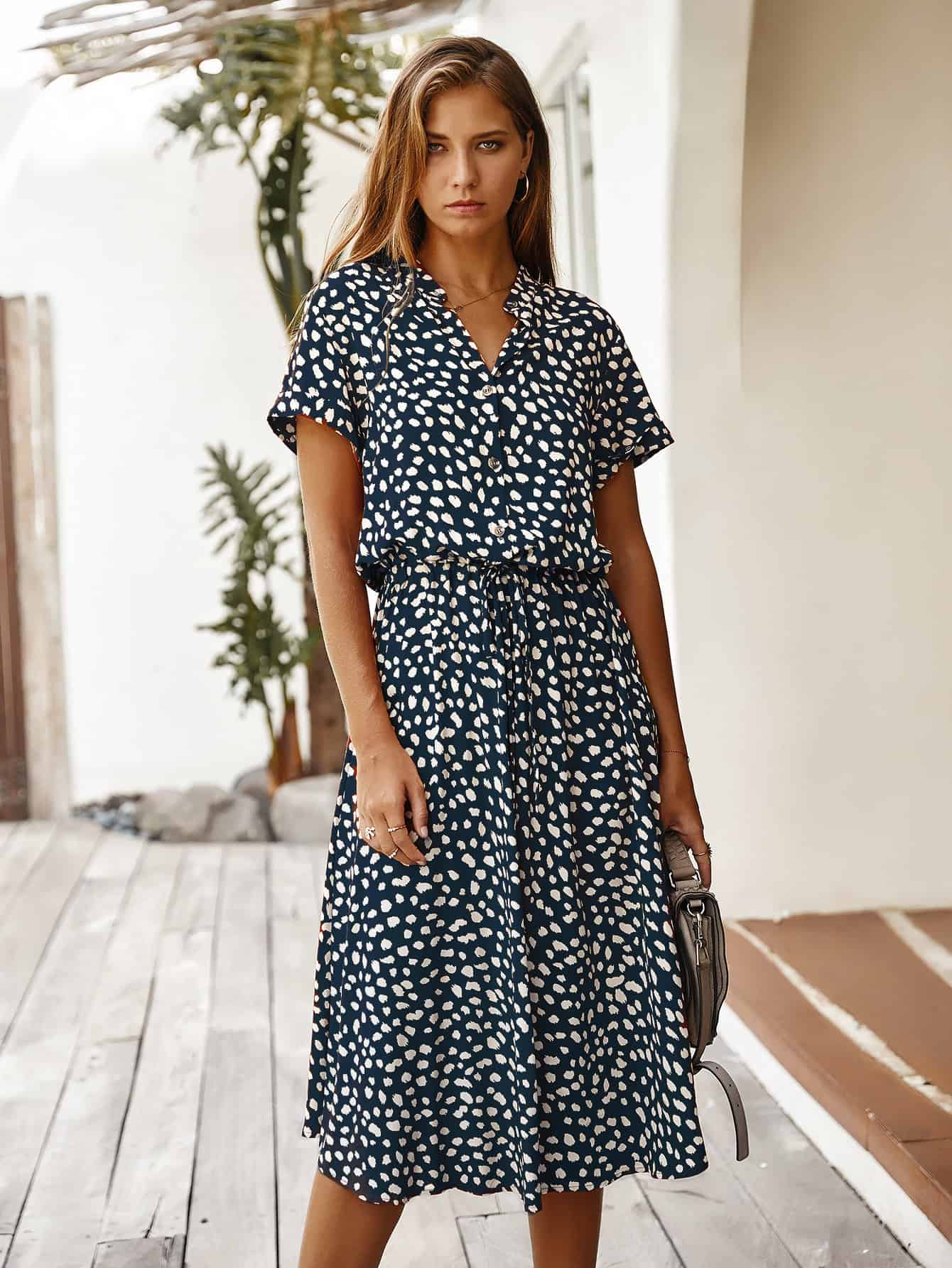 Floral Lace Elastic Waist Dress - Casual Chic Short-Sleeved Cotton Outfit 6 Stylish Navy Blue And White Polka Dot Dress With Short Sleeves And A Midi Length, Perfect For Trendy Summer And Casual Wear.