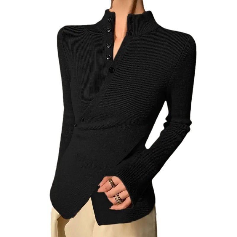 Chic Sweet & Spicy Stand Collar Cross Button Sweater for a Stylish Look 4 Black Ribbed Long Sleeve Sweater With A High Collar And Button Closure.