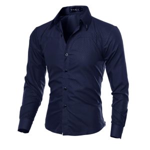 Syndmart men's slim-fit dark blue patterned dress shirt with button-down collar for formal occasions and professional wear.