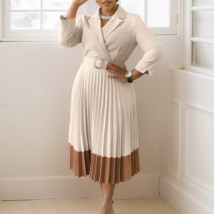 Elegant beige blazer and pleated color-block midi skirt for women, stylish office wear, business casual fashion, sophisticated women's outfit for professional settings.