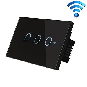 Wireless smart light switch with touch controls and Wi-Fi connectivity for smart home automation.