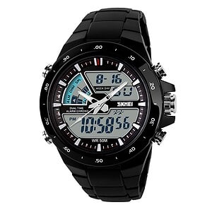 Analog digital sports watch with multiple features, digital display, water resistance, and black strap for active lifestyle.