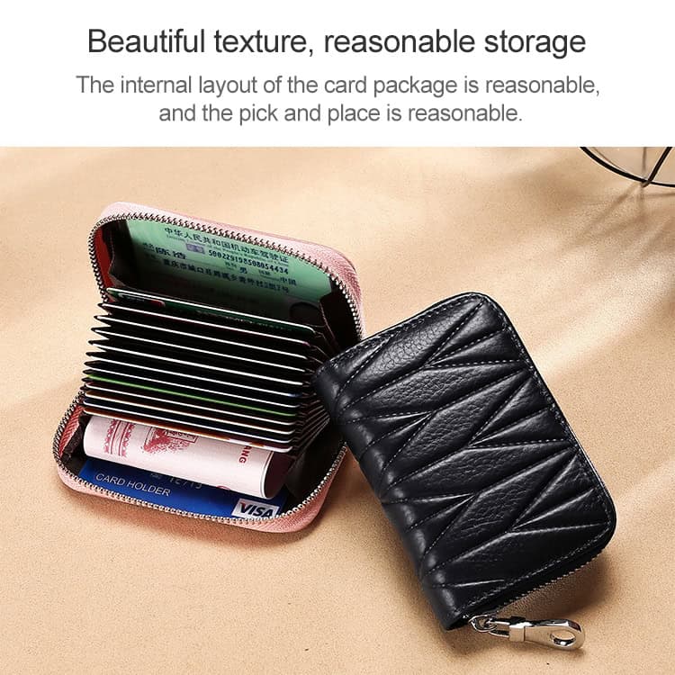 RFID Leather Wallet Clutch Bag for Ladies, Organ Shape, Zipper, Anti-magnetic 5 Multiple Id Cardholders And A Black Quilted Wallet With A Zipper Closure, Designed For Secure Storage And Easy Access, Ideal For Organizing Credit Cards, Ids, And Cash.
