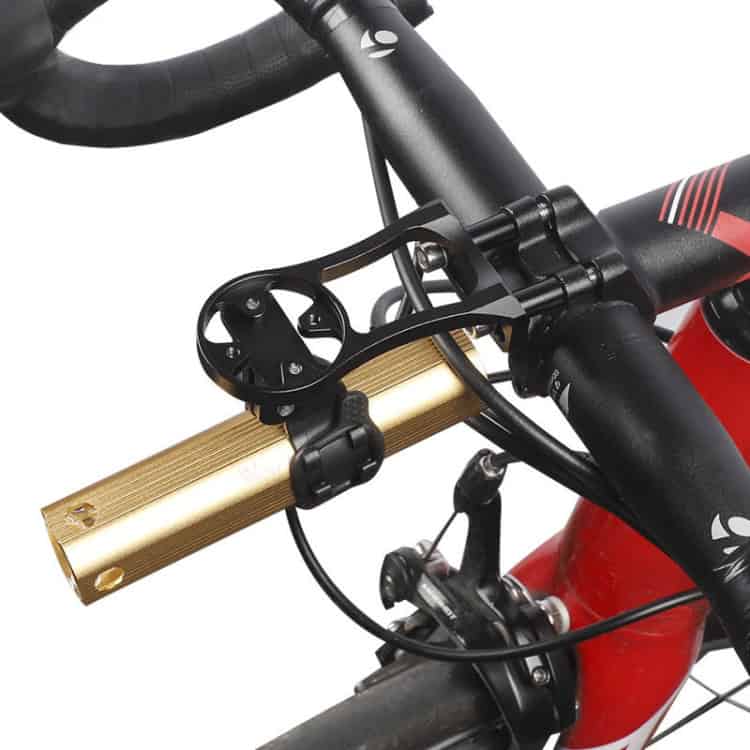 Mountain Bike Seat Extension Bracket Light Stand - Bike Code Table Essential 5 Mountain Bike Handlebar Accessory With Gold Anti-Slip Grip And Mount For Cycling Gadgets, Black Bike Stem With Cable Management For Outdoor Riding, Close-Up Of Road Bike Components And Accessories For Cycling Enthusiasts.