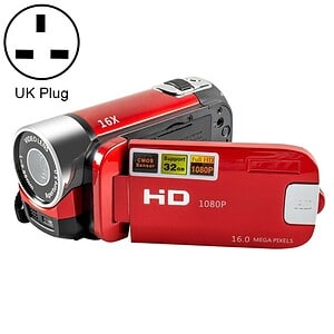 16X red HD camcorder with 1080P full HD video recording and 32GB storage, featuring CMOS sensor, support for U.S. plug, ideal for high-quality video capturing and content creation.