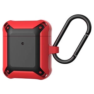 Red rugged portable Bluetooth speaker with carabiner clip for outdoor activities and travel. Compact design, durable construction, and high-quality sound for on-the-go use.