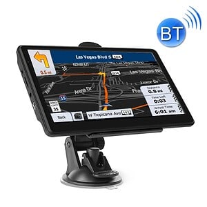 Smart GPS navigation device showing turn-by-turn directions on a digital map, mounted on a dashboard for real-time driving guidance.